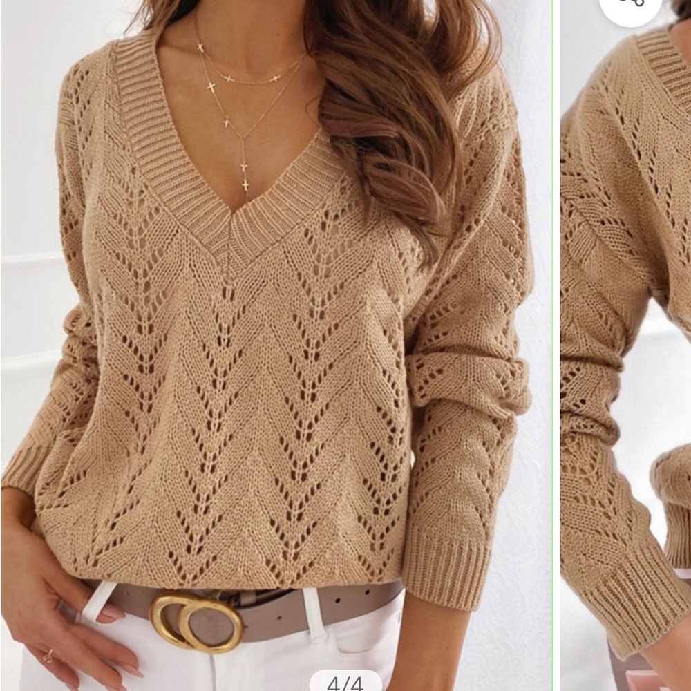 Cupshe In The Clouds Pointelle Knit V Neck Long Sleeve Sweater M New